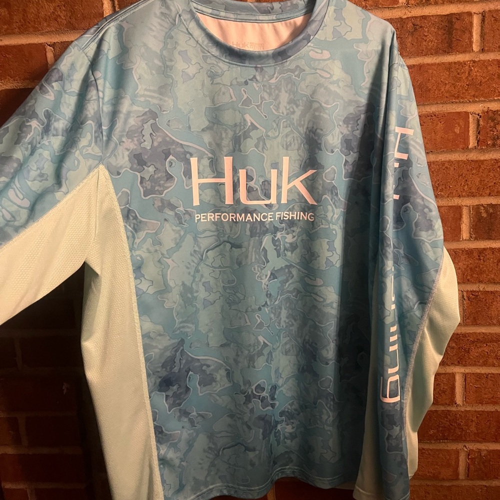 HUK Performance Men XL Long Sleeve Light Blue Graphic Print Fishing Shirt UPF - Picture 6 of 10